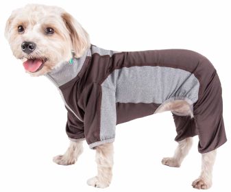 Pet Life Active 'Warm-Pup' Heathered Performance 4-Way Stretch Two-Toned Full Body Warm Up (Color: Brown, size: small)